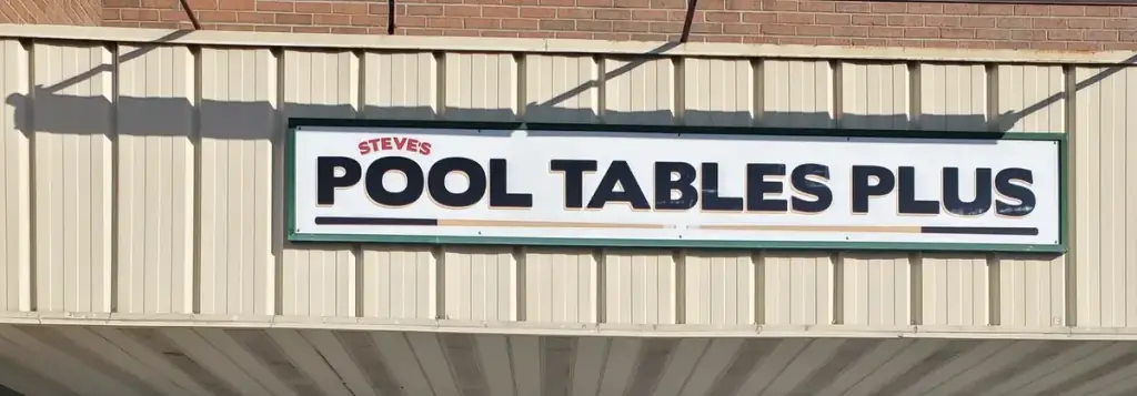 The Steve's Pool Tables Plus sign over the shop front at Meadow Hill Plaza